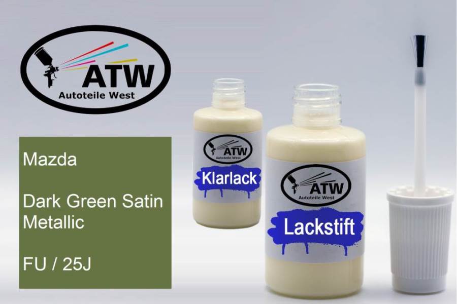 Mazda, Dark Green Satin Metallic, FU / 25J: 20ml Lackstift + 20ml Klarlack - Set, von ATW Autoteile West.